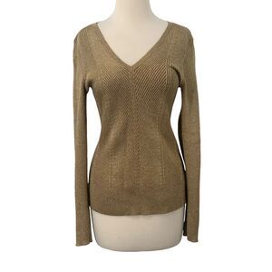 Lauren Ralph Lauren Women Gold Metallic V-Neck Ribbed Sweater Long Sleeve Size L